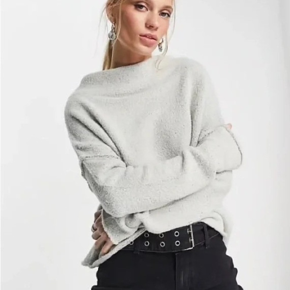 Free People San Vincente‎ Mock Neck Fuzzy Textured Crop Sweater Cream Ivory XS